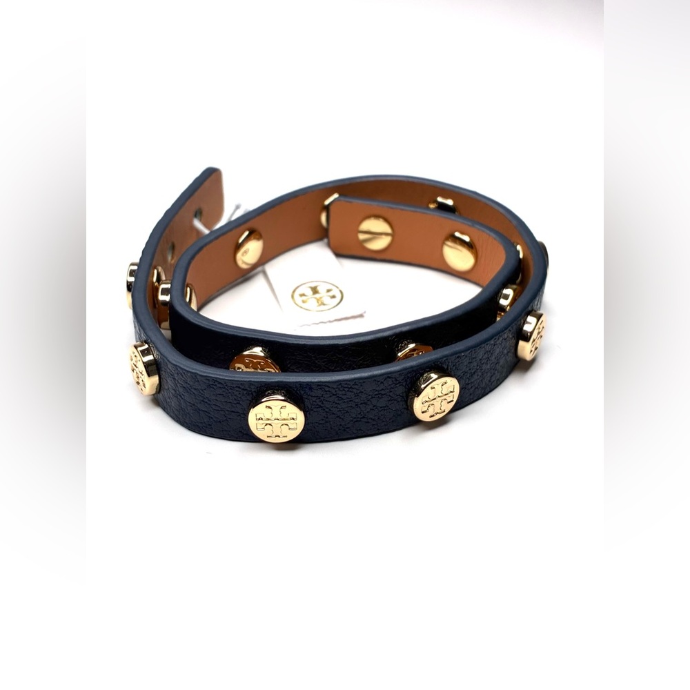 Tory Burch Navy and Tan Double Wrap Logo Stud Bracelet